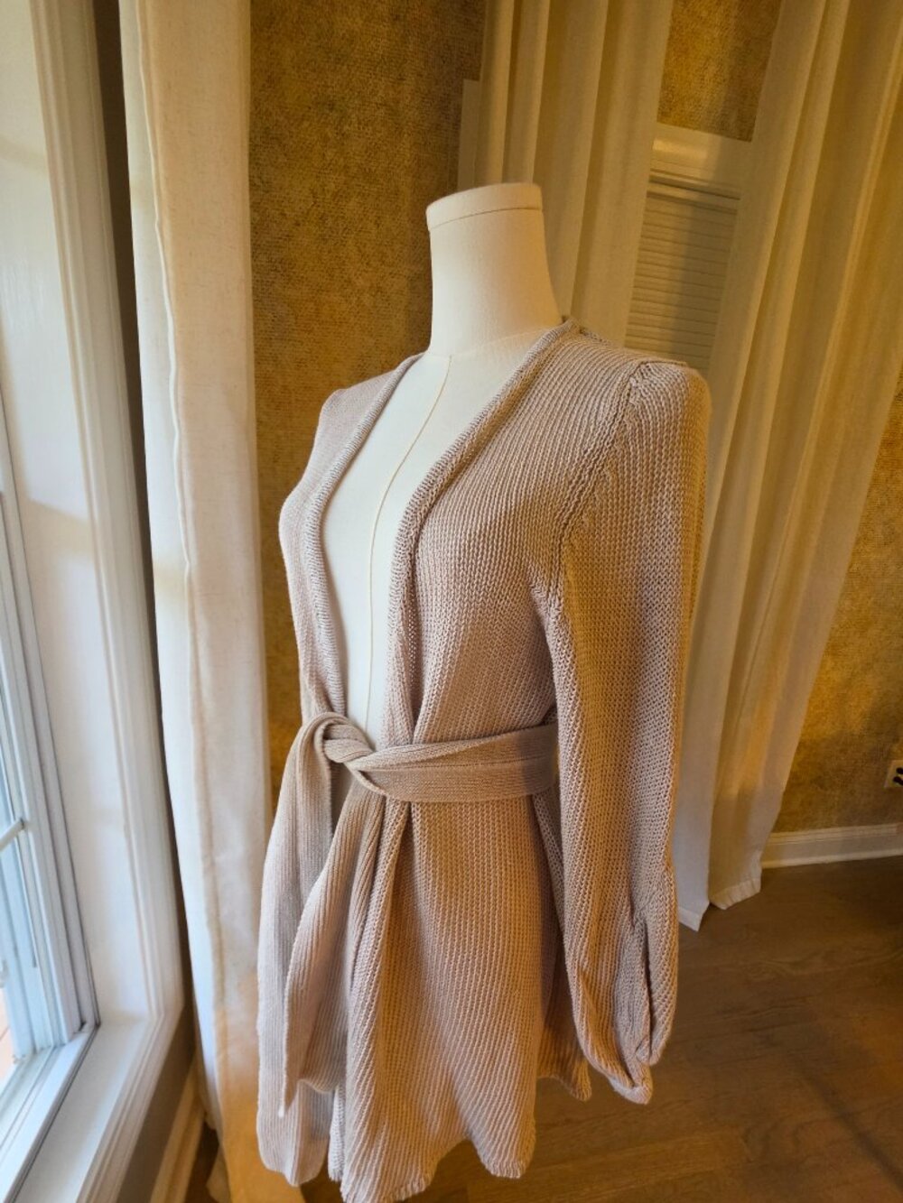 b.chyll Linen Belted Open-Front Long Cardigan – Light oatmeal beige S